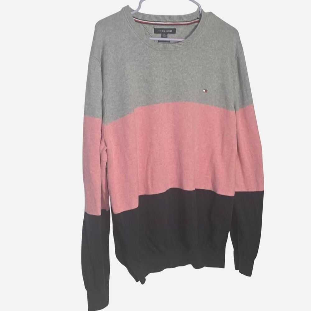 Tommy Hilfiger Colorblock Pullover Sweater | Gray, Pink & Black | Unisex XXL